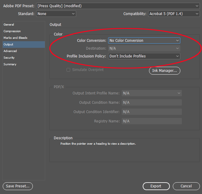 Indesign export as PDF dialog box