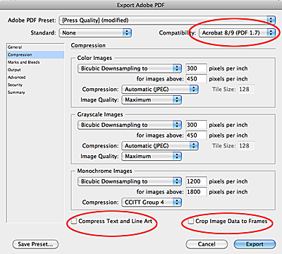 InDesign export as PDF dialog box