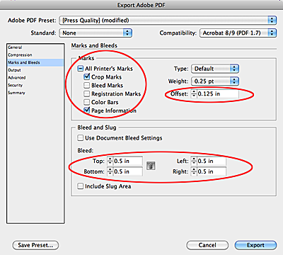 InDesign export as PDF dialog box