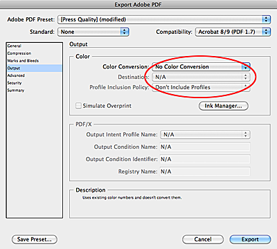 InDesign export as PDF dialog box